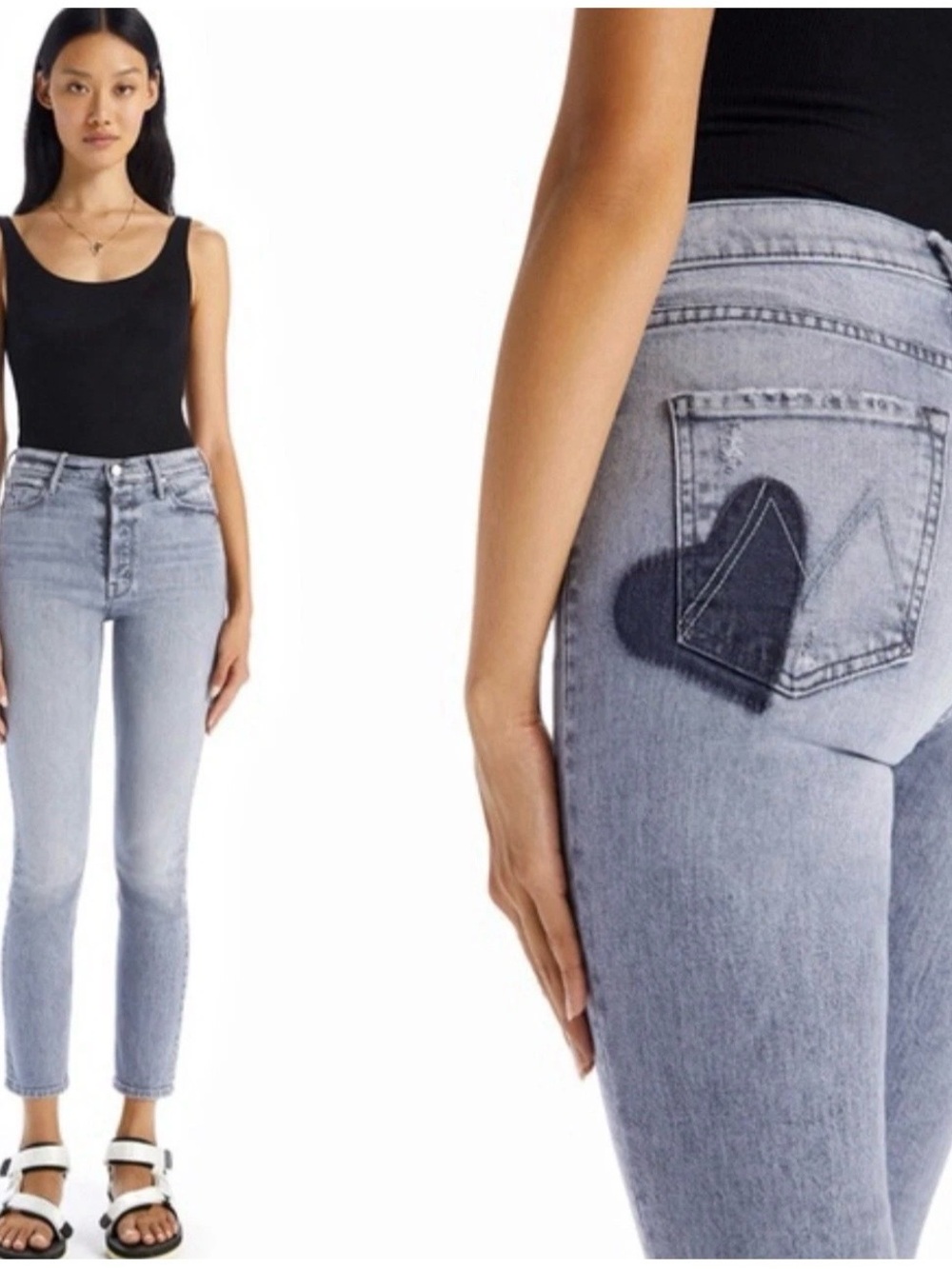 Mother Jeans Women’s Size 25 The Button Fly Dazzler Ankle Grey Wash Heart Patch